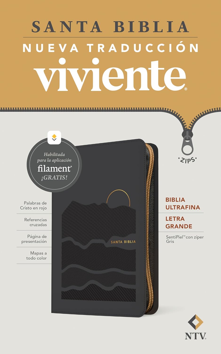 Biblia NTV Gris /Cierre Letra Grande/ Ultrafina Filament